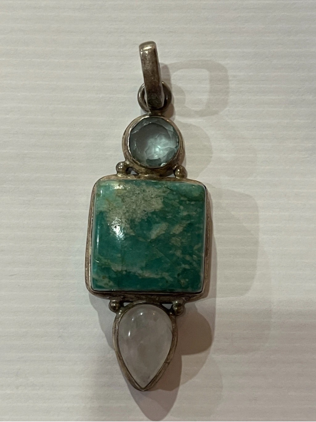 Vintage Sterling Silver Multi Gemstone Pendant 3” Bezel Stacked